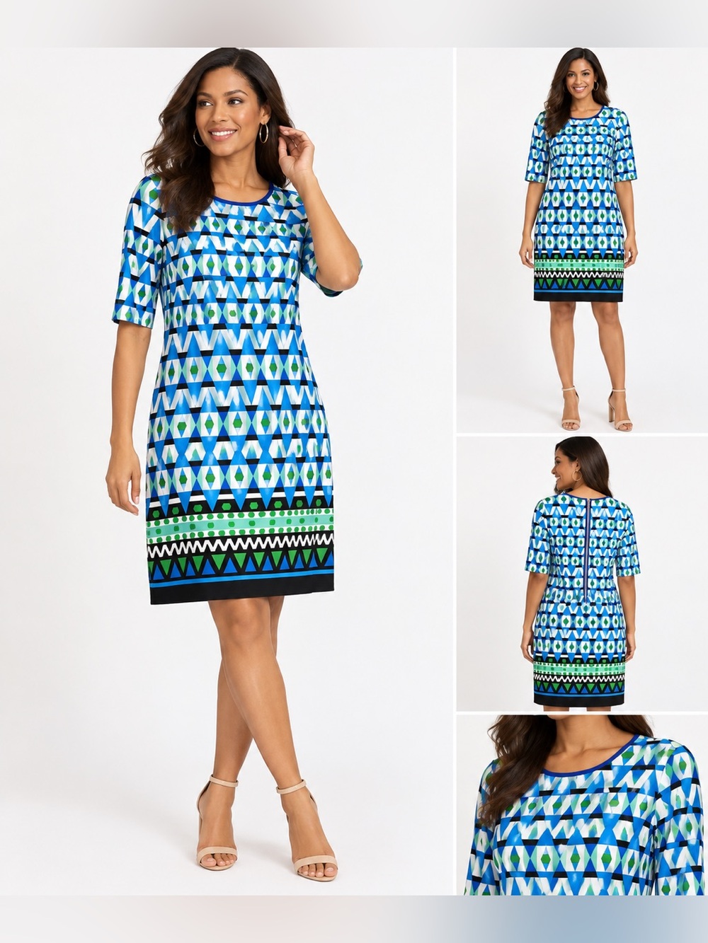 Eliza J Geometric Print Shift Dress Blue Green Black Size 6